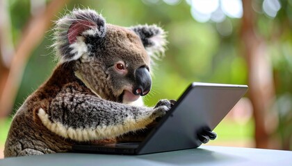 Koala using a digital device, adding a touch of humor to technology.