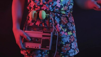 Retro Fashion Vibe Floral Print Cassette Player Headphones 80s 90s Neon Glow