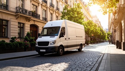 Delivery van on a cobblestone street with ornate buildings nearby.
