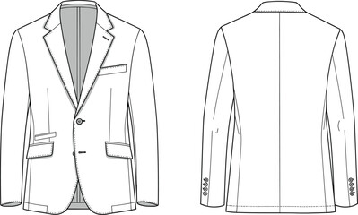 Men’s blazer technical fashion sketch front and back view, notched lapel, chest and flap pockets, sleeve buttons, garment illustration template, tailoring drawing art © Olaja Vector Vision