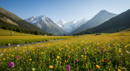 Serene Alpine Meadow with Snow-Capped Peaks and Wildflowers Under a Blue Sky, a Peaceful Mountain Landscape