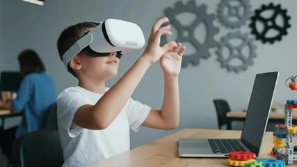 Young boy explores virtual reality with VR headset technology education - Powered by Adobe