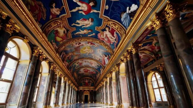 Majestic cathedral ceiling with intricate frescoes and sunlit stained glass windows
