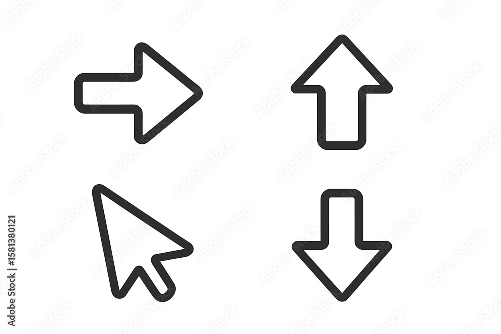 Poster set of 4 black arrow icons in line style. web and mobile app user interface elements. navigation sig