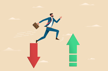 Businessman or investor finds a strategy from loss to profit, jumps on arrows. Vector concept with a graph of profit decline and growth in stocks, cryptocurrency, in the form of a green and red arrow.