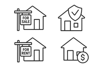 Fototapeta premium Real estate icons set. House for sale, home for rent signs. Property insurance, security symbol. Home investment, mortgage, finance concept. Vector line art illustration.