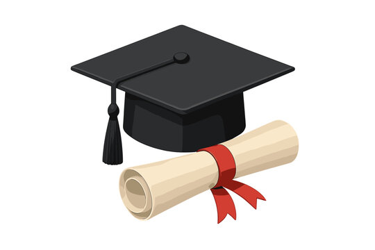 Black graduation cap with diploma scroll. University graduate hat for academic degree ceremony. Education symbol for celebration and achievement. Mortarboard and tassel vector. - Powered by Adobe