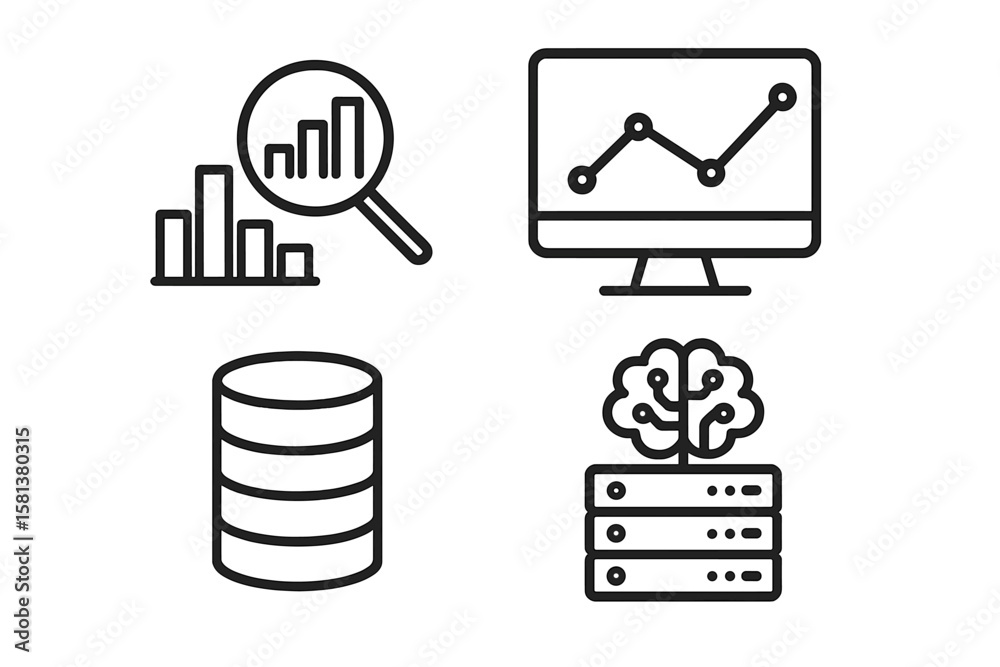 Poster data analytics and machine learning line icons set. data analysis, processing, statistics, database,