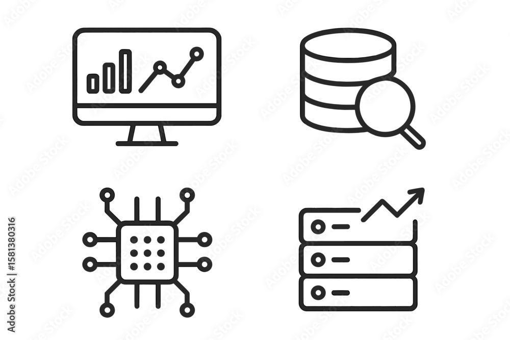 Poster data analytics set of 4 web icons in modern line style, representing data analysis, processing, stat