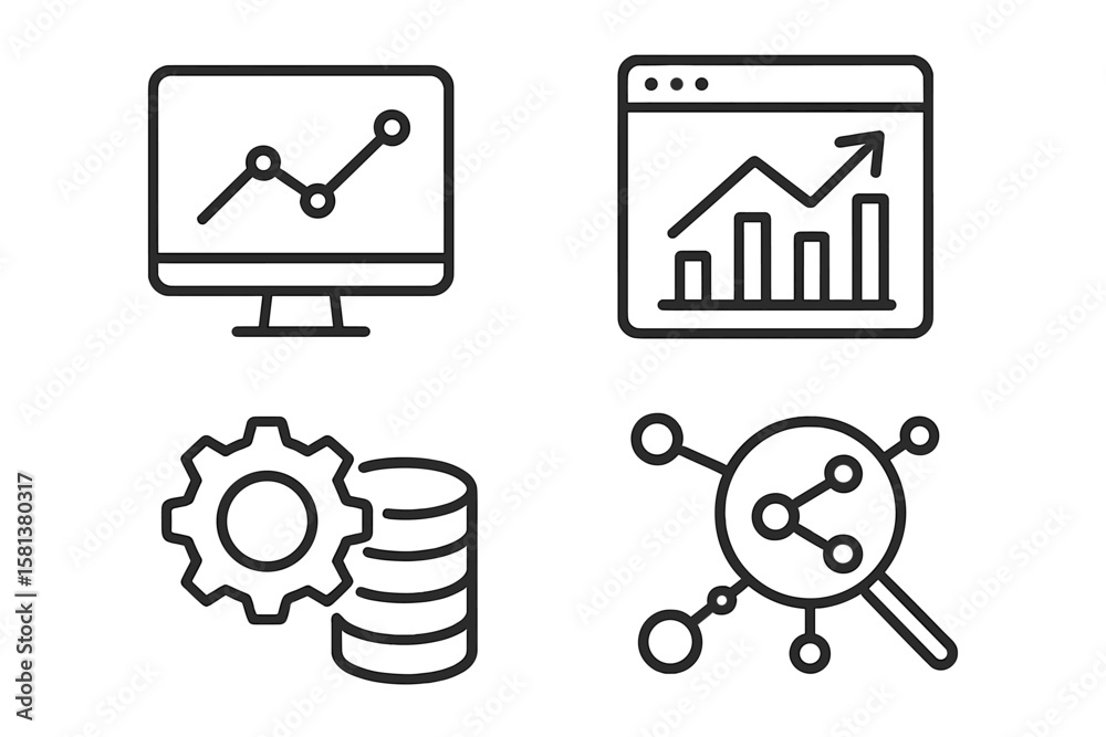 Poster data analytics and big data line icons set. web dashboard, graph, data processing, network analysis,