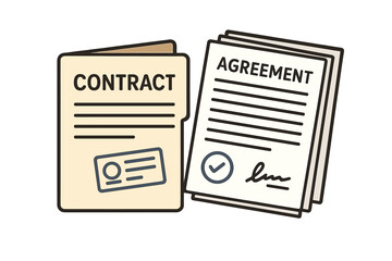 Business contract papers and agreement documents vector. Signed paperwork with approval stamp, folder, legal forms, signature, official business documentation, office paperwork concept