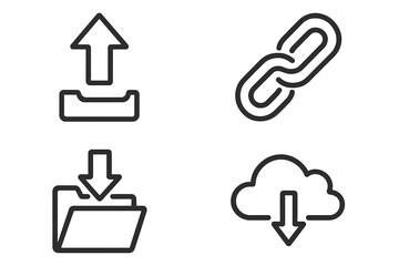 Obraz premium Set of 4 web line icons: upload arrow, download folder, cloud download, chain link. Outline symbols for digital file transfer, cloud storage and data sharing.