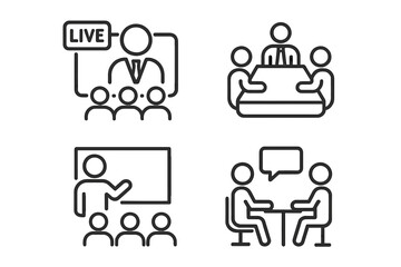 Business meeting, live webinar, classroom teaching, interview icons set. Line style vector. Conference, teamwork, online seminar, education, communication, discussion, training