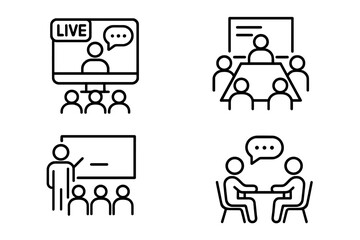 Business meeting and communication icon set. Line style vector. Live webinar, conference, classroom training, team discussion, interview, seminar, online education symbols