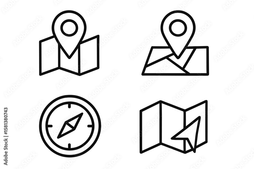 Poster line style navigation and location icons set. map pin marker on folded map. gps compass dial and nav