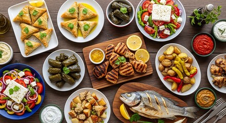 A vibrant overhead shot showcasing a diverse spread of delicious Greek food. The array includes grilled meats, fresh salads, savory pastries, and roasted vegetables. A feast for the eyes!