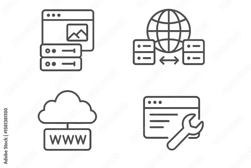 Poster set of 4 web hosting and cloud computing icons in line style, including webspace, data exchange, dom