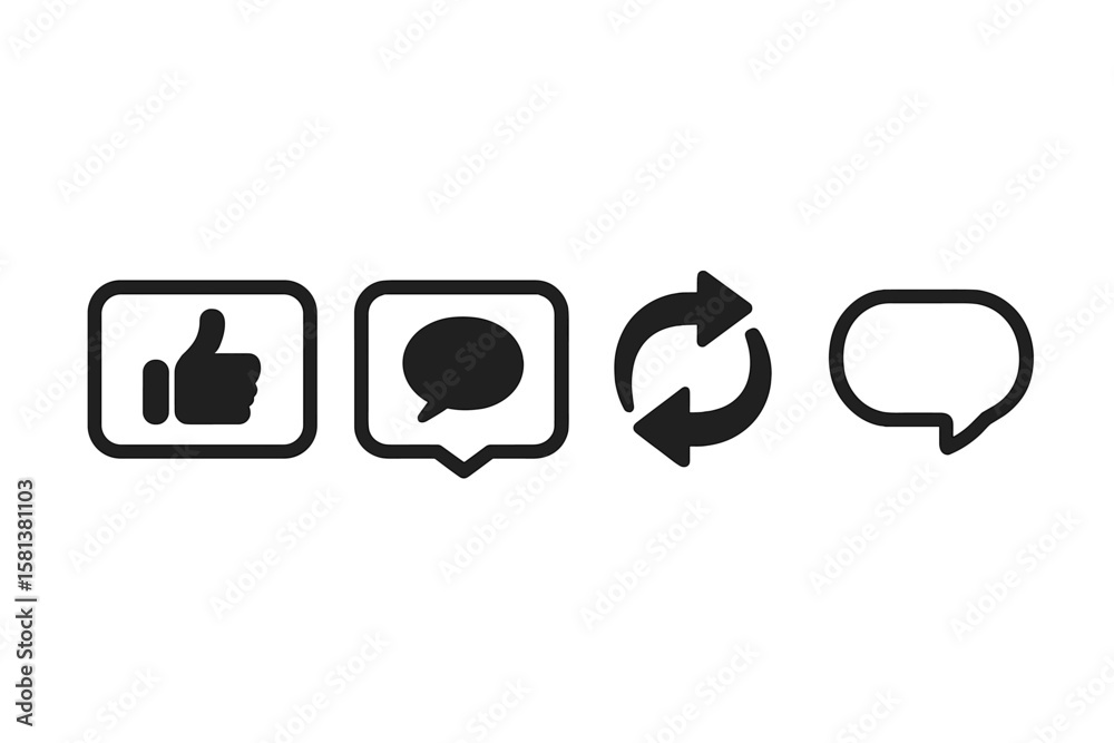 Poster line style web hosting and cloud computing icon set with like, comment, sync and chat symbols. inclu
