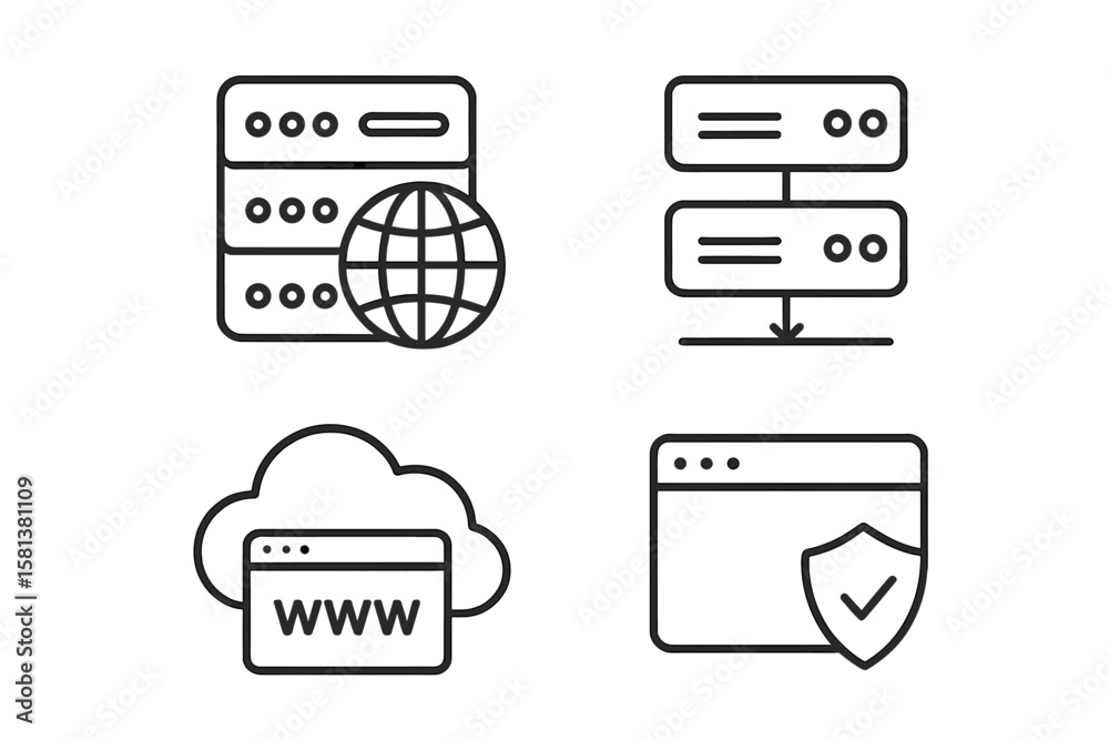 Poster web hosting and cloud computing icons set. line style vector symbols for server, data exchange, doma