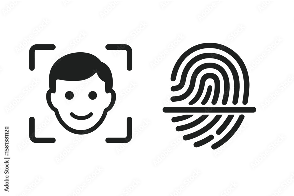 Poster biometric identification icon set. face recognition and fingerprint scanner for security access. per