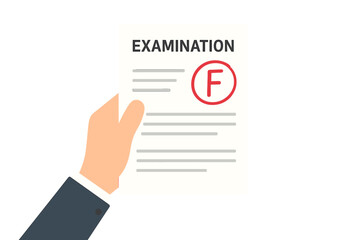 Exam sheet with failing grade F. Hand holding paper with test result. Education concept of academic failure, bad school assessment, student evaluation, learning problem vector.