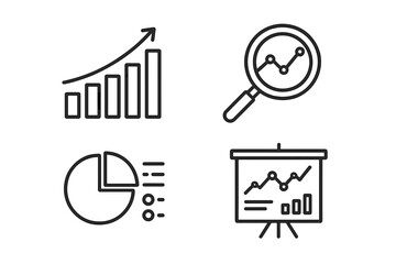 Data analytics and statistics icon set. Thin line style web icons for business report, financial analysis, market research, and infographic design. Vector illustration.