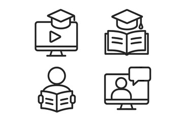Education set of 4 modern line style web icons, e-learning and online study symbols, video tutorial, knowledge, school, university, webinar, digital learning, remote education