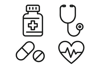 Medicine and health set of 4 web icons in line style, medical symbols vector illustration, transparent background, healthcare, pharmacy, stethoscope, pills, heart rate