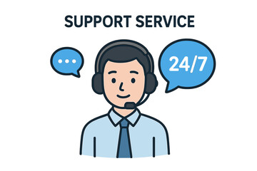 Customer support service operator with headset. 24/7 call center assistance. Client communication, speech bubbles, technical help desk, online chat, customer care vector illustration