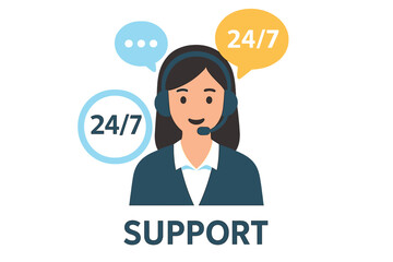 24/7 Customer Support Service Vector. Call Center Operator with Headset. Client Assistance, Communication, Help Desk, Hotline, Speech Bubbles, Technical Support Concept Illustration