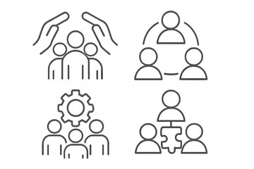 Teamwork Concept Icons Set of 4, Line Style Vector Illustration, Business Collaboration Symbols, Transparent Background, Group Cooperation, Partnership, Communication