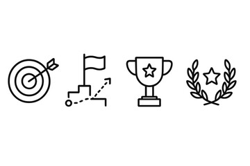 Success set of 4 web icons in line style, including goals, target, competition, awards, achievement, laurel branch, reward, winner, motivation symbols for web and mobile apps