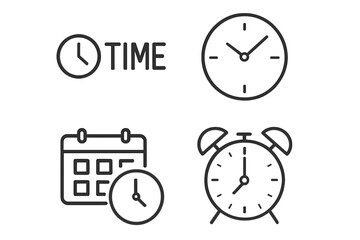 Set of 4 Time and Clock Web Icons in Modern Line Style, Vector Illustration on Transparent Background, Minimalist Clock, Alarm Clock, Calendar with Clock, Time Symbol for UI