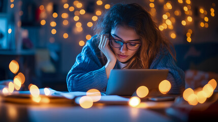 Young woman studying intently at her illuminated desk during a cozy evening, surrounded by a magical glow of warm festive lights, capturing a peaceful moment of contemplation.