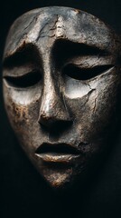 Ancient Cracked Bronze Mask with Sad Expression in Dark Background