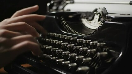 Vintage Typewriter Hands Typing Keys Close Up Retro Writing Machine