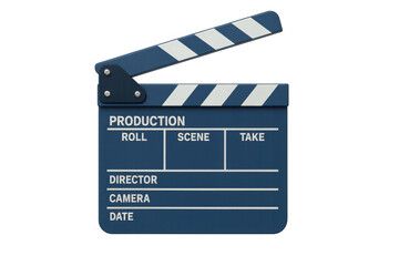 Obraz premium Vintage clapperboard displaying production information, floating on transparent surface, representing cinema industry workflow