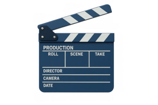 Vintage clapperboard displaying production information, floating on transparent surface, representing cinema industry workflow