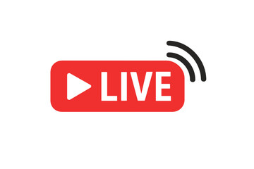 Live stream icon. Online broadcast button. Red streaming video symbol with play sign. Internet television, social media element. Broadcasting, news, webinar, blog concept. Vector.