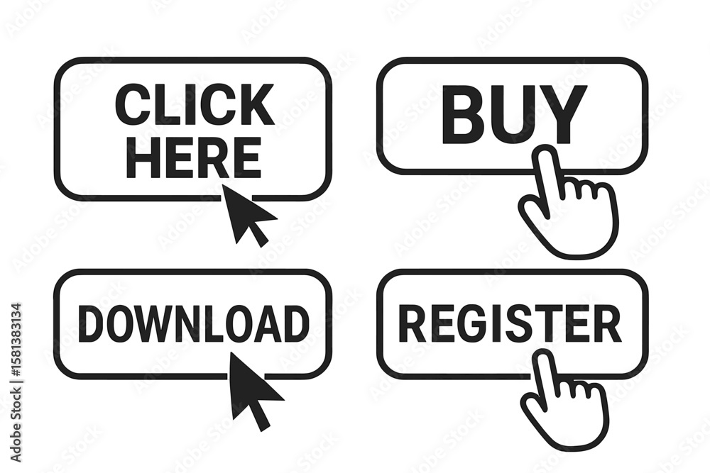 Fototapete Set of 4 website action buttons with click here, buy, download, register text. Mouse cursor and hand pointer icons. Web UI elements for call to action, navigation, ecommerce