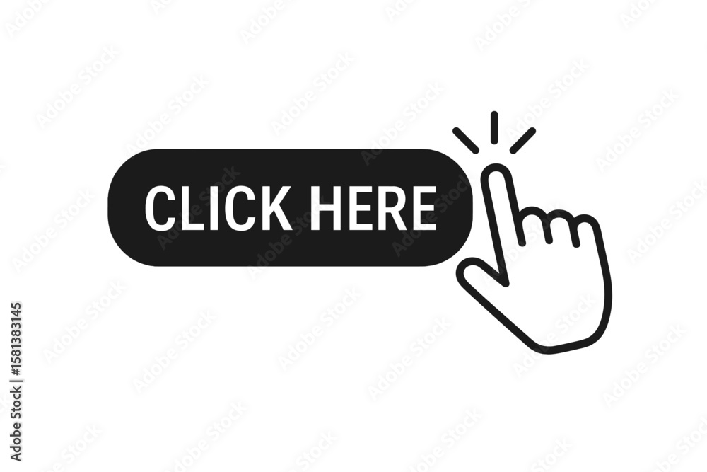 Aufkleber Click Here Button with Hand Pointer Clicking. Modern Web UI Button Icon. Mouse Cursor Click Action. Call to Action Symbol. Vector Illustration for Website Interface Design