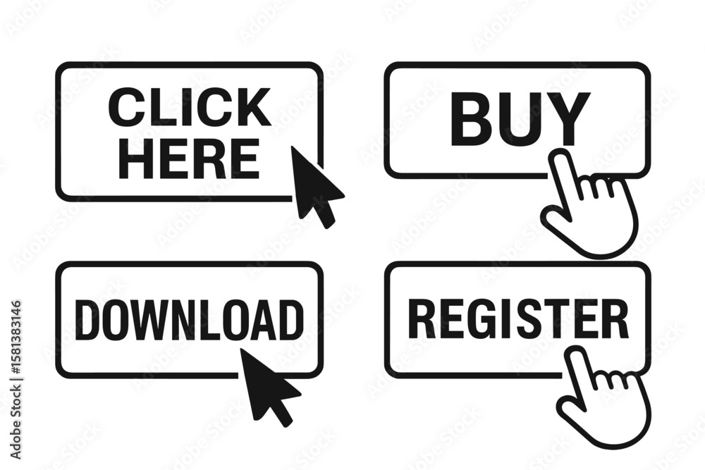 Aufkleber Set of 4 Website Action Buttons Click Here Buy Download Register with Mouse Cursor Hand Pointer Icon Pressing, Web UI Elements, Call to Action Vector Illustration