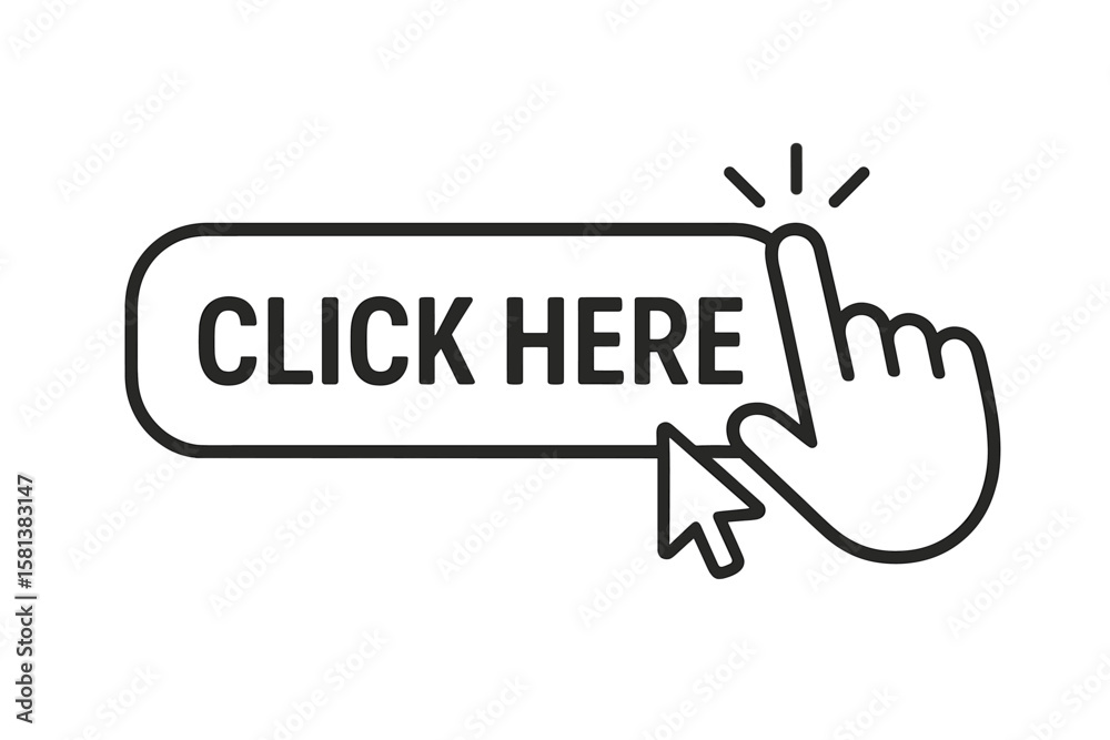 Aufkleber Click Here Button with Hand Pointer and Mouse Cursor. Modern Web UI Call to Action Icon. Interactive Clickable Button Element for Website, App, User Interface Design Vector