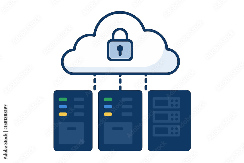 Poster secure cloud data storage and hosting servers network. data center technology. online cloud computin
