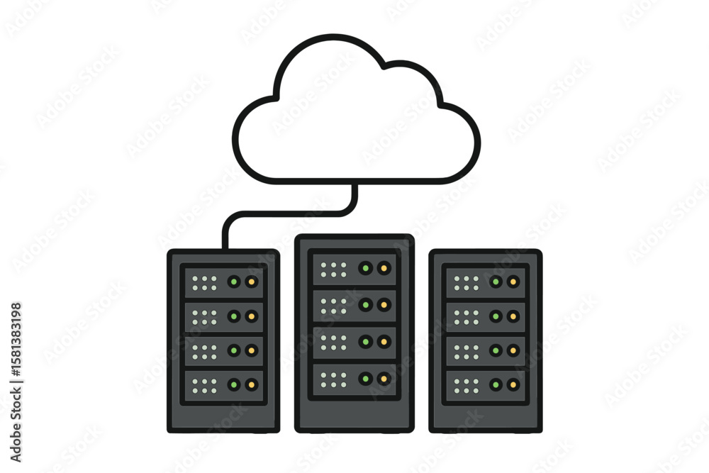 Poster cloud data storage network with connected server cabinets. online cloud computing, data hosting, mem