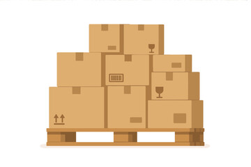 Warehouse Pallet with Cardboard Boxes Stack. Shipping Packaging, Storage Logistics, Distribution Center, Delivery, Freight, Cargo, Stackable Cartons, Warehouse Inventory, Vector Illustration