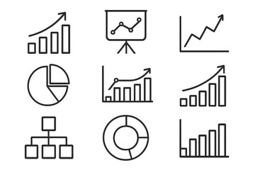 Business infographic charts and diagram icons for web and mobile apps, including statistics, growth, bar graphs, pie charts, line charts. Transparent background vector illustration