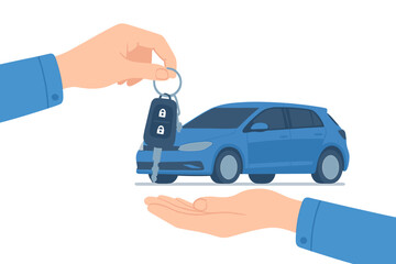 Car key handover, vehicle purchase, car rental, auto dealership transaction, new owner receiving keys, automobile sale, leasing, transportation service, ownership transfer