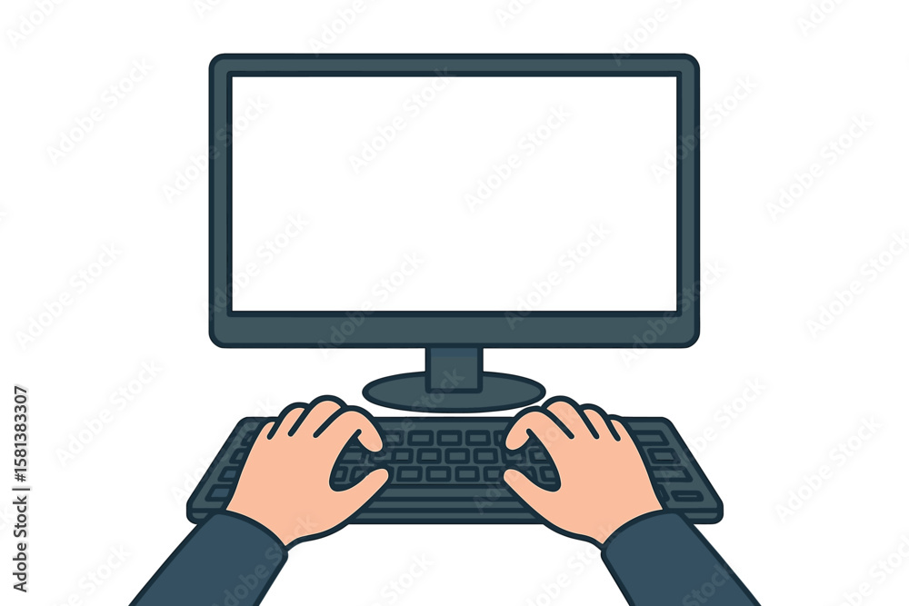 Poster hands typing on computer keyboard with blank monitor screen. digital workspace productivity concept,