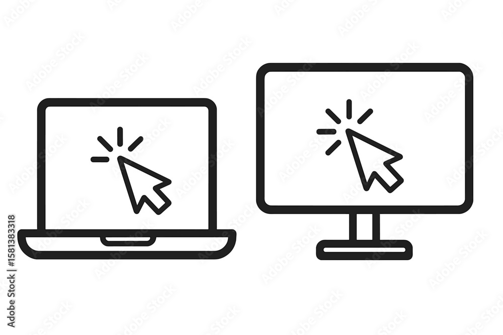 Aufkleber Vector illustration of laptop and desktop monitor screens with clicking cursor icon user interface interaction technology concept digital devices click pointer selection symbol